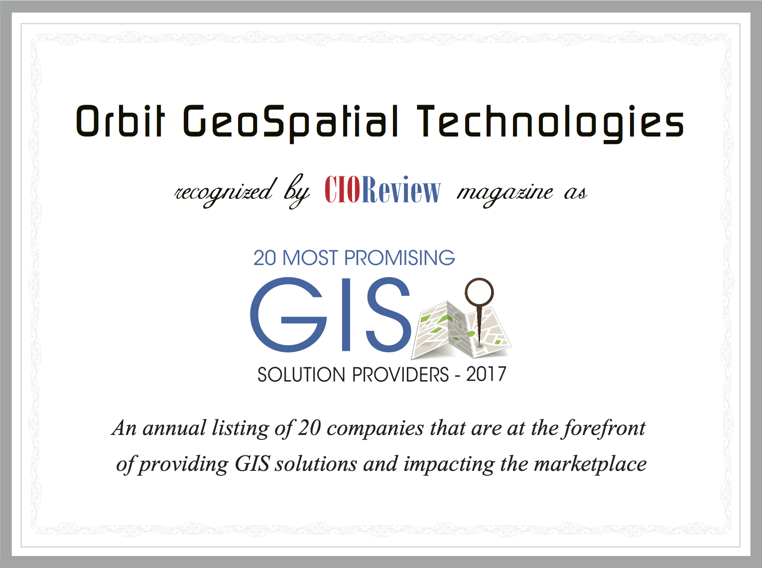 Orbit GT Orbit GT selected as one of 20 most promising geospatial companies